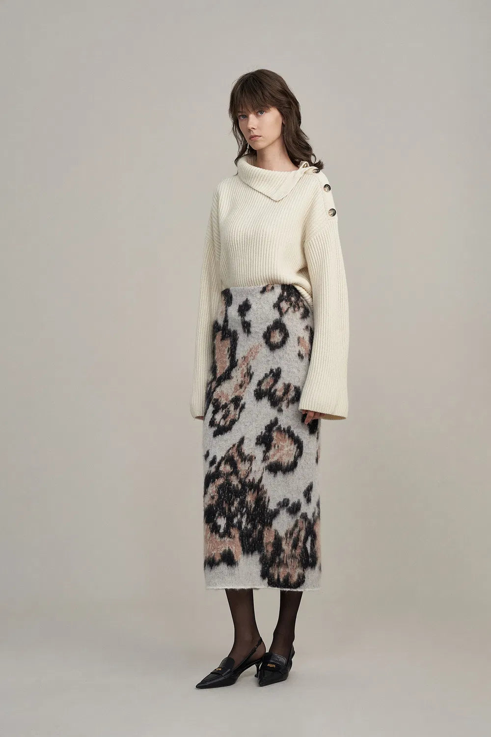 Nora Leopard Print Midi Skirt in Baby Alpaca Blend Knit