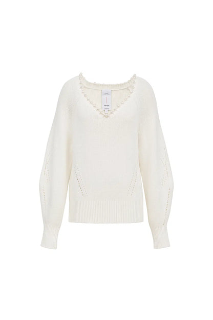 Cassidy Pearl-Embellished Knit Sweater in Cotton Blend