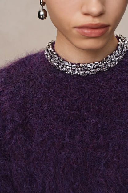 Violet Hand Sewn Crystal Stand Collar Sweater in Alpaca-Mohair Knit