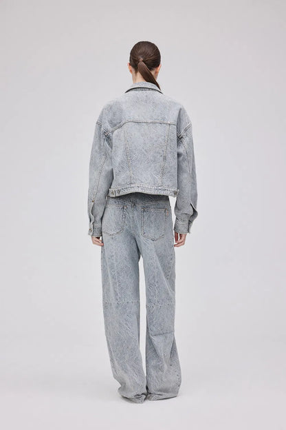 Ainsley Textured Cropped Jacket in Washed Jacquard Denim