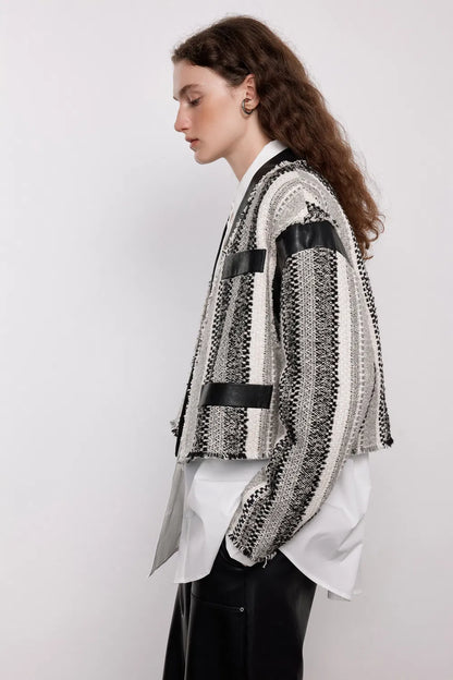 Zhupan Leather-Trimmed Short Coat in Italian Striped Jacquard Tweed