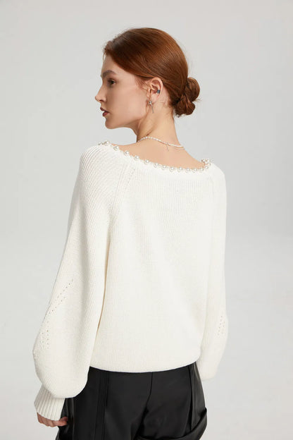 Cassidy Pearl-Embellished Knit Sweater in Cotton Blend