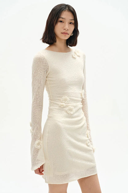 Esme Hand Crocheted Long Sleeved Short Dress in Merino Wool Blend