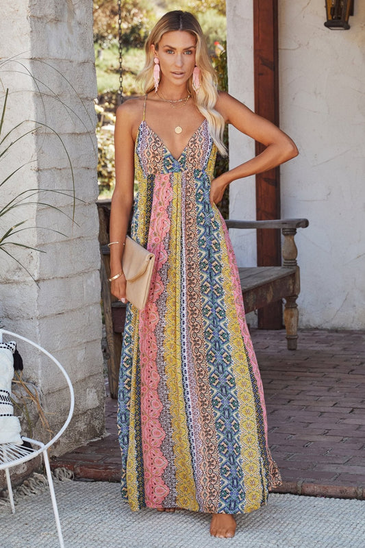 Freda Baskı Şeritli Sırtı Açık Maxi Sundress