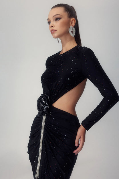 Mirabelle Diamante Çiçek Sırtı Açık Uzun Elbise