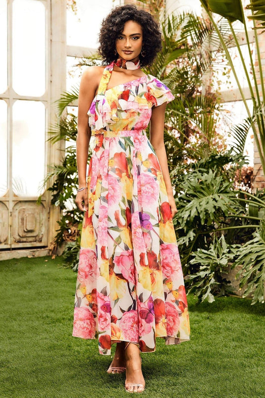 Jacqueline Tek Omuz Çiçek Baskılı Maxi Elbise