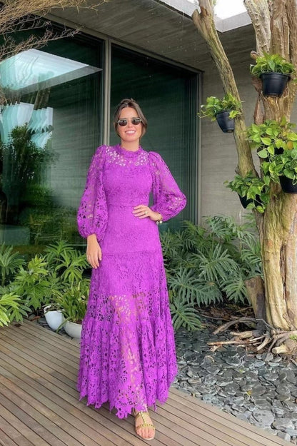 Joa İşlemeli Dantel Kesimli Flare Maxi Elbise