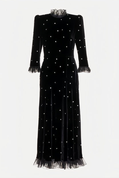 Jolie Diamante Fırfırlı Kadife Maxi Elbise