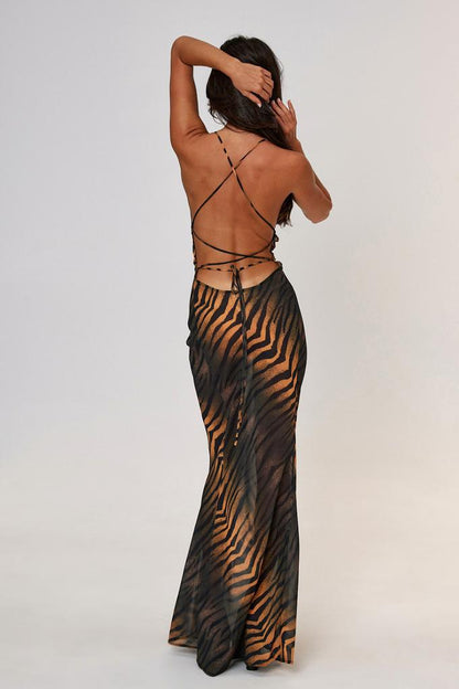 Juneen Baskılı Sırtı Açık Slip Maxi Elbise