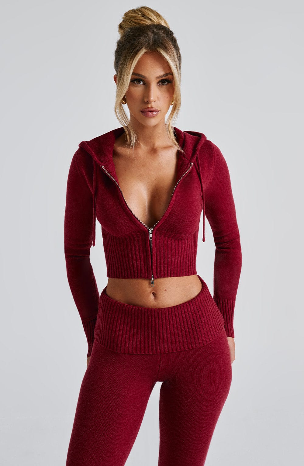 Alevna™ Portia Örgü Kapşonlu - Kırmızı