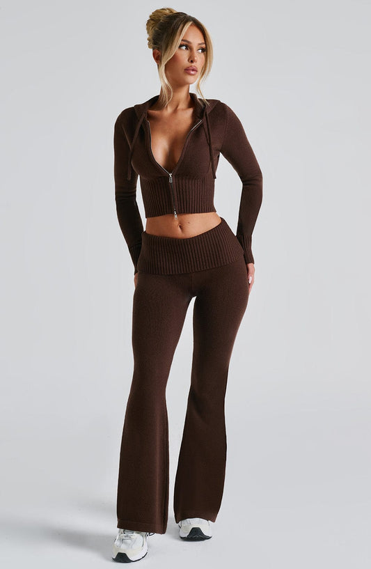 Alevna™ Portia Örgü Pantolon - Çikolata